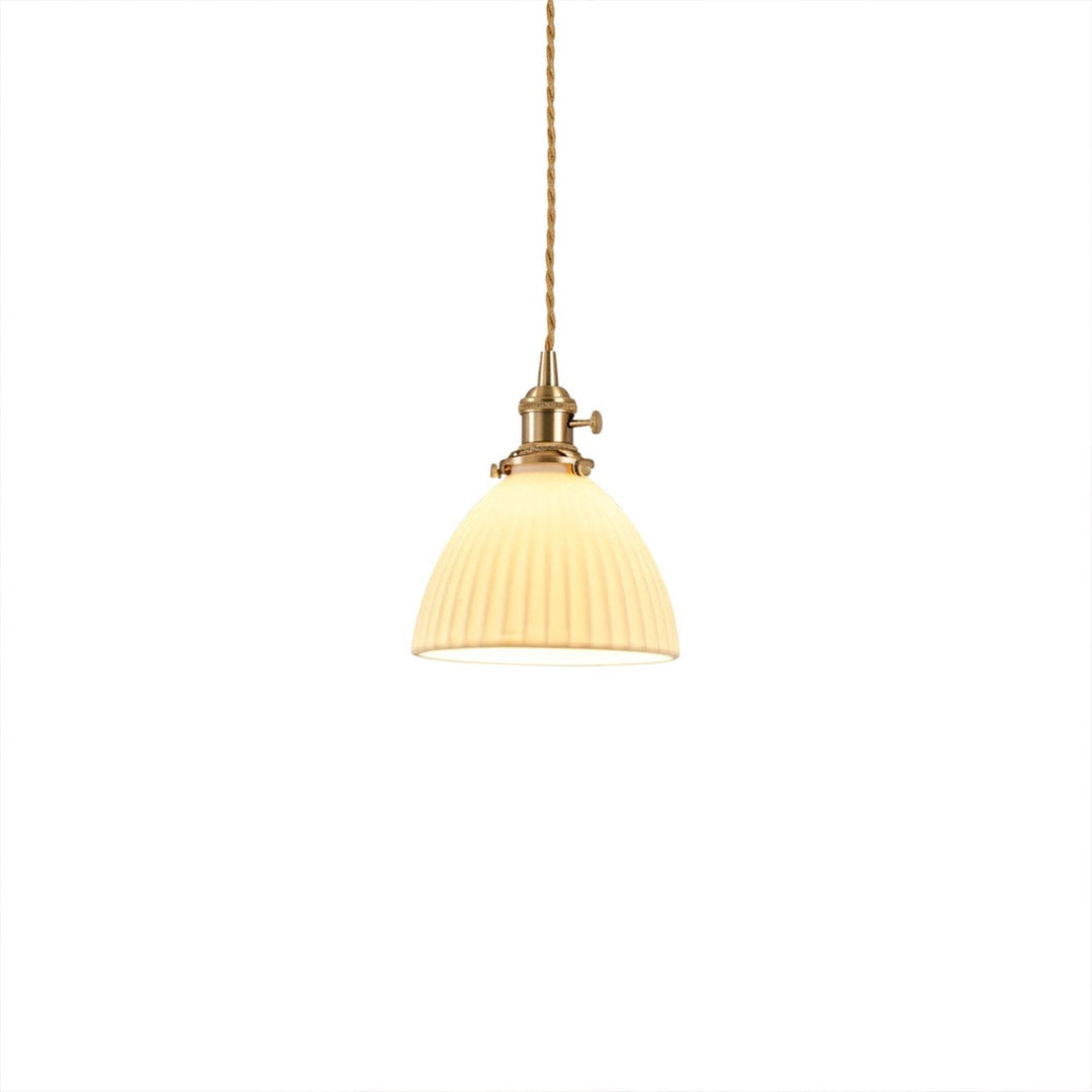 Freya pleated ceramic mini pendant Brass and White Nordic Scandinavian cocoon 6.7 inch white background
