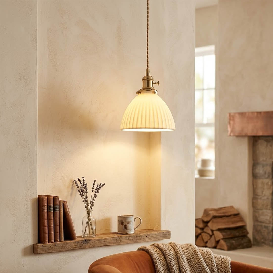 Freya single pleated ceramic pendant powder room half bath modern Nordic Scandinavian minimalist warm white interior
