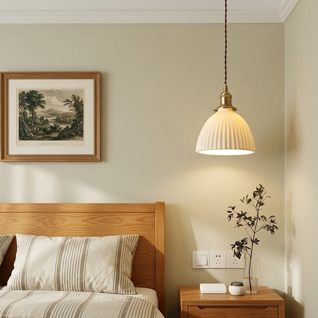 Freya Set of 2 pleated ceramic pendants bedside pair primary bedroom Scandinavian replace bedside lamps Nordic interior