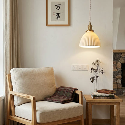 Freya single pleated ceramic pendant powder room half bath modern Nordic Scandinavian minimalist warm white interior