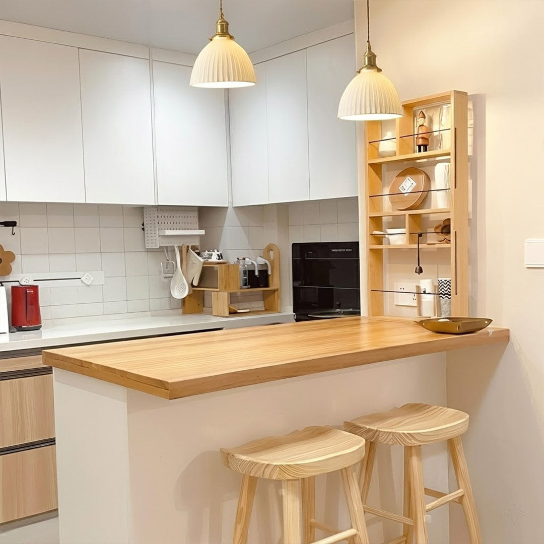 Freya Set of 2 pleated ceramic pendants pair above kitchen island Nordic Scandinavian minimalist white interior warm glow