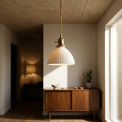 Freya single pleated ceramic pendant powder room half bath modern Nordic Scandinavian minimalist warm white interior