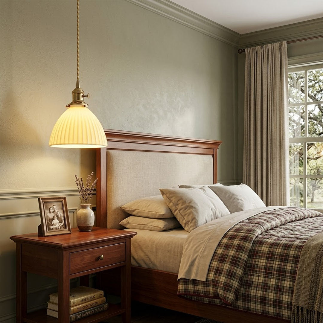 Freya Set of 2 pleated ceramic pendants bedside pair primary bedroom Scandinavian replace bedside lamps Nordic interior