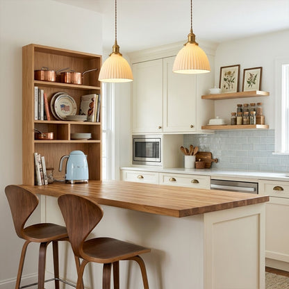 Freya Set of 2 pleated ceramic pendants pair above kitchen island Nordic Scandinavian minimalist white interior warm glow