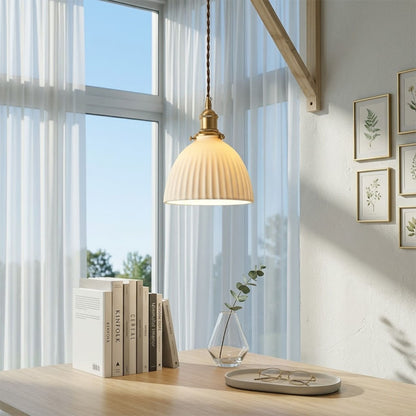 Freya single pleated ceramic pendant powder room half bath modern Nordic Scandinavian minimalist warm white interior