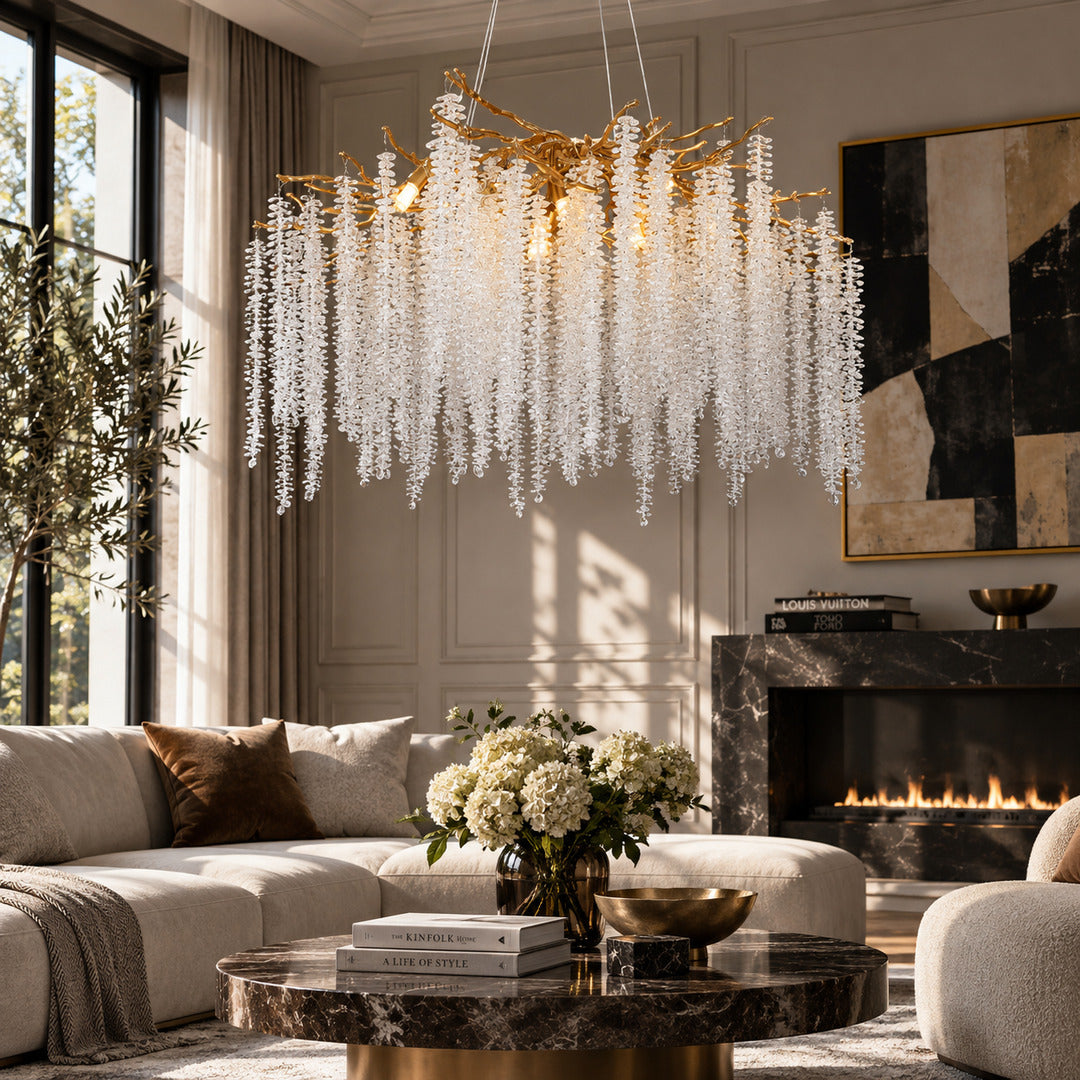 Fronda gold crystal chandelier adding glamour to a living room