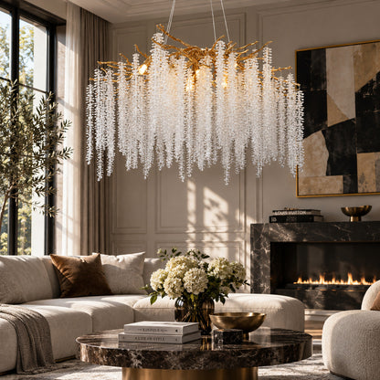 Fronda gold crystal chandelier adding glamour to a living room