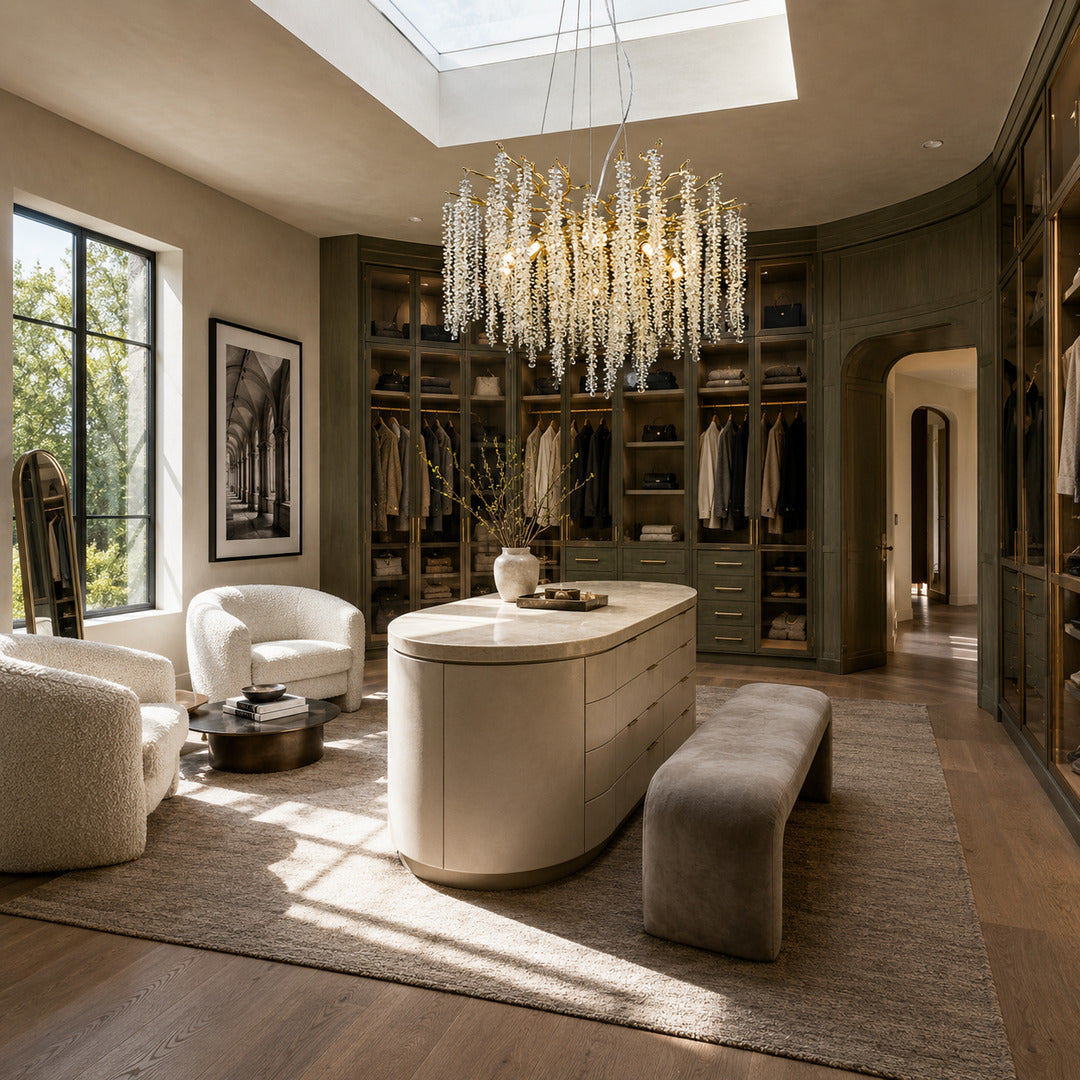 Fronda crystal chandelier sparkling in a walk-in closet dressing area
