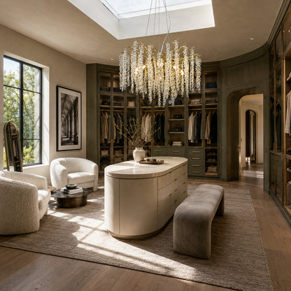 Fronda crystal chandelier sparkling in a walk-in closet dressing area