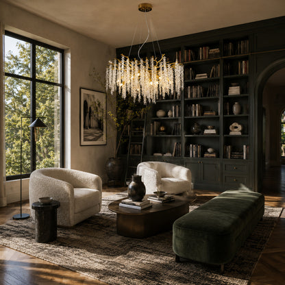 Fronda gold crystal chandelier in a glamorous Hollywood Regency dining room