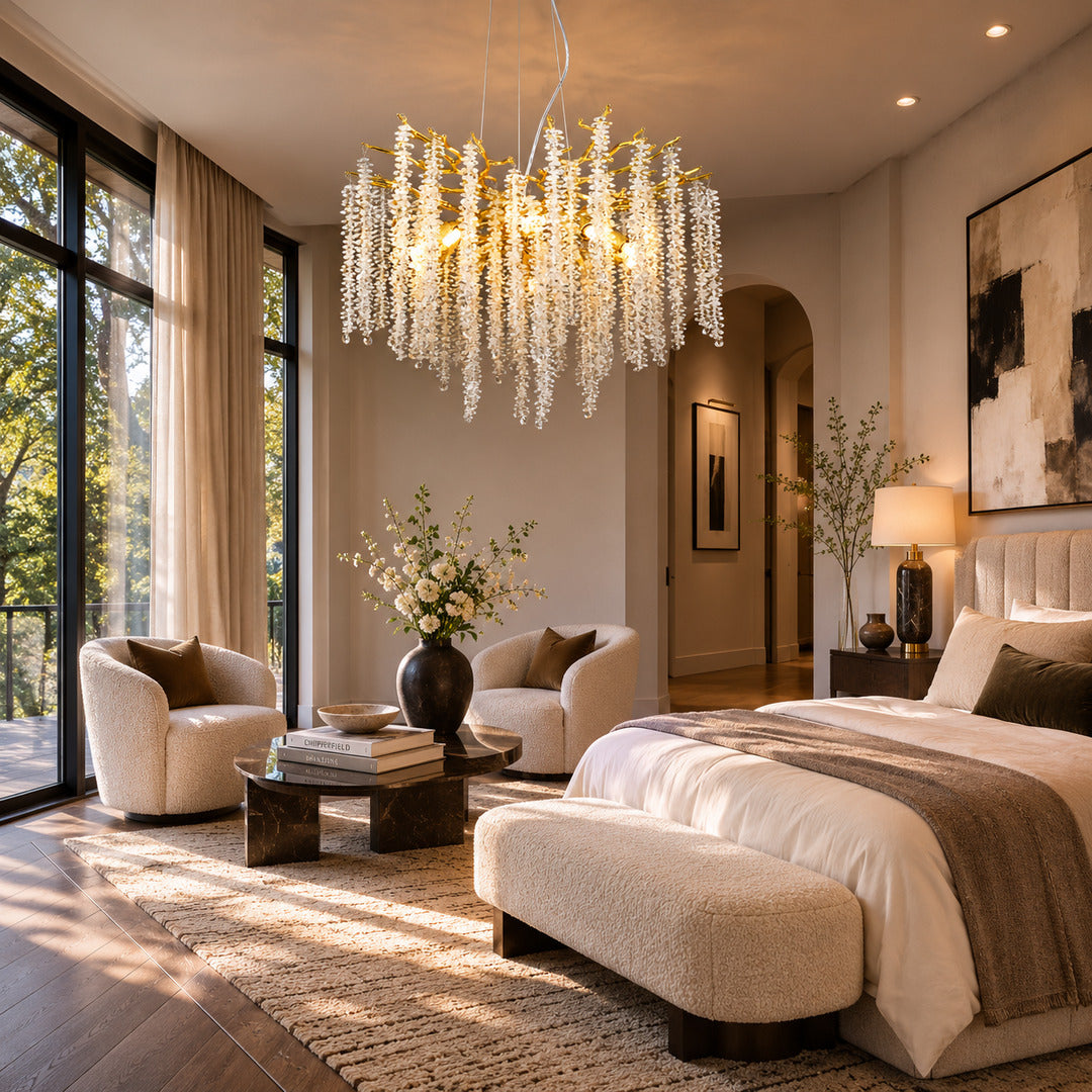 Fronda crystal chandelier creating a romantic glow in a primary bedroom