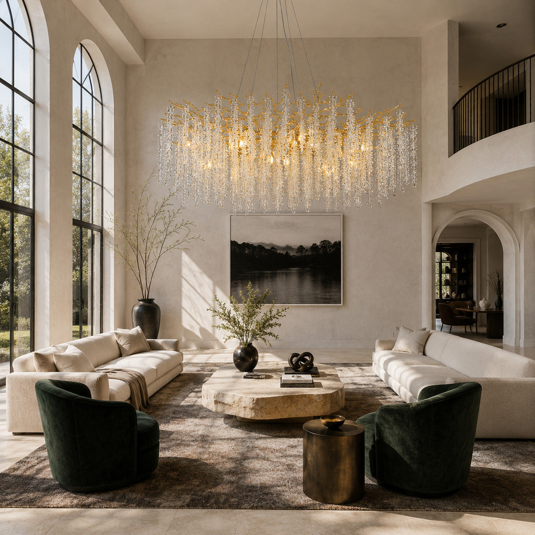 Fronda gold crystal chandelier adding glamour to a living room