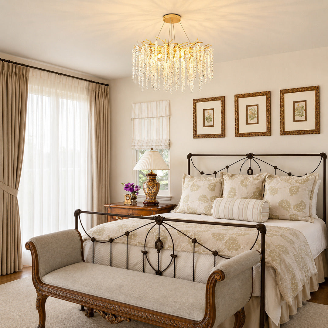 Fronda crystal chandelier creating a romantic glow in a primary bedroom