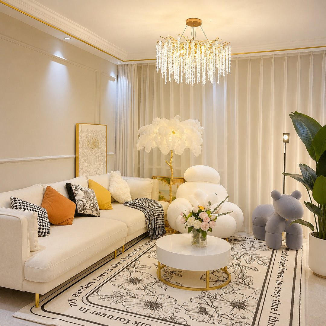 Fronda gold crystal chandelier adding glamour to a living room
