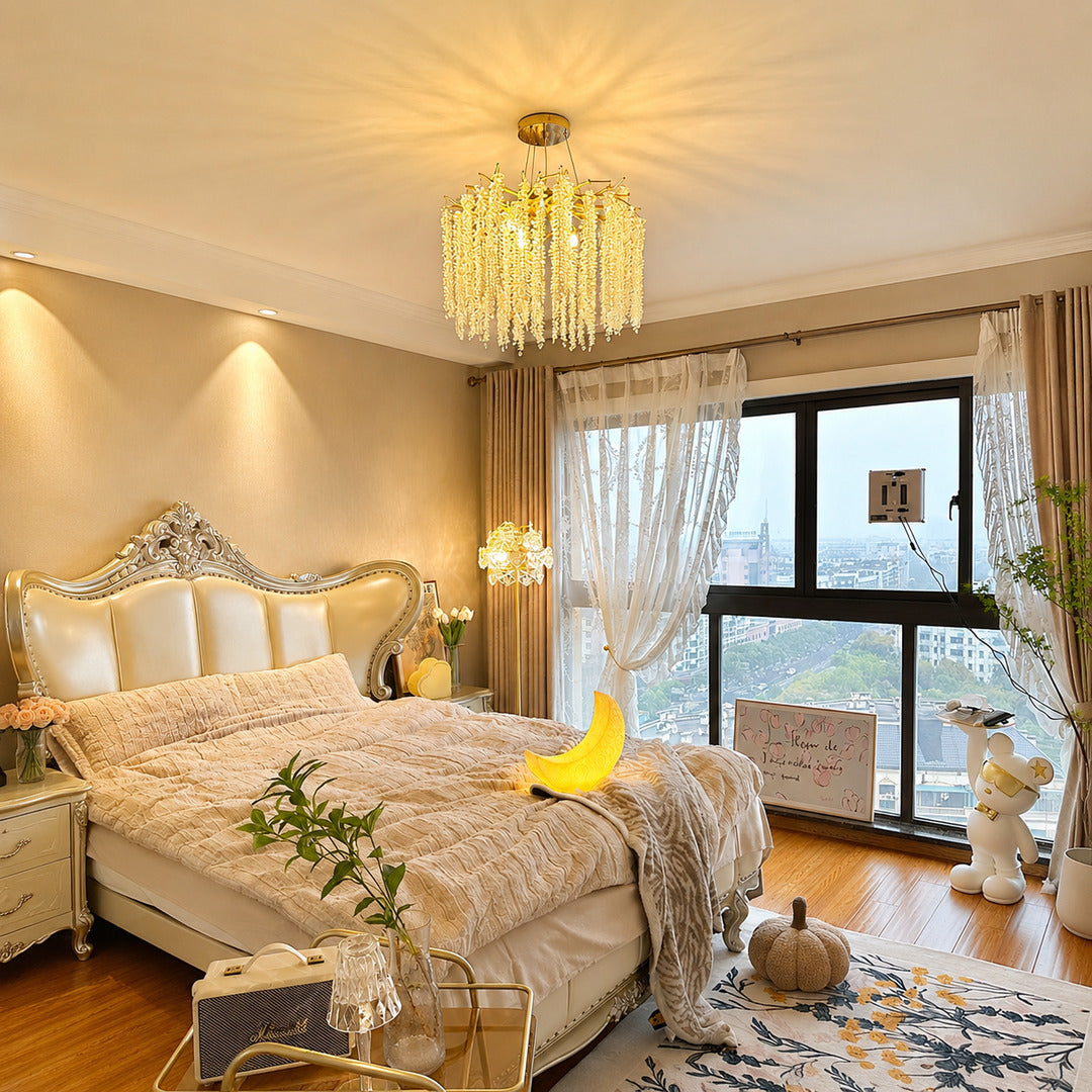Fronda gold crystal chandelier adding glamour to a living room