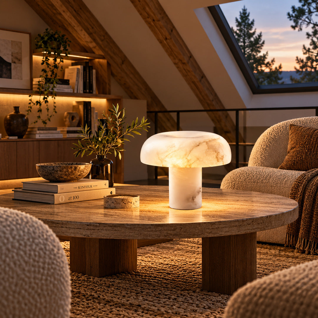 Fungo mushroom table lamp on a side table in a modern living room