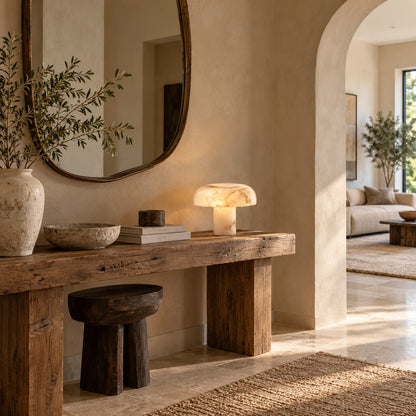 Fungo mushroom table lamp on a side table in a modern living room