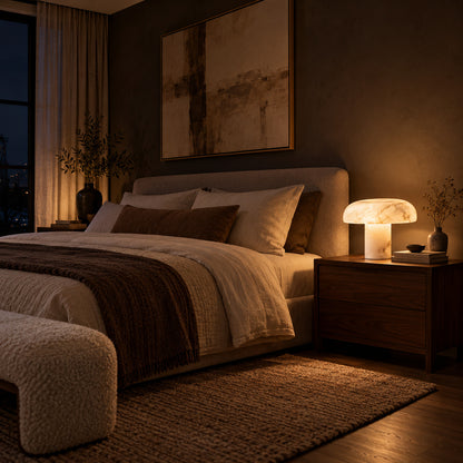 Pair of Fungo alabaster mushroom lamps on nightstands either side of a bed