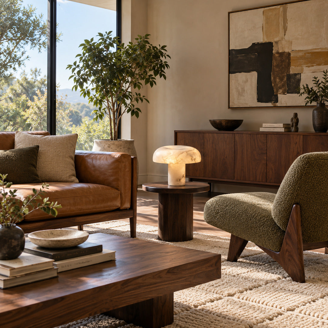 Fungo mushroom table lamp on a side table in a modern living room