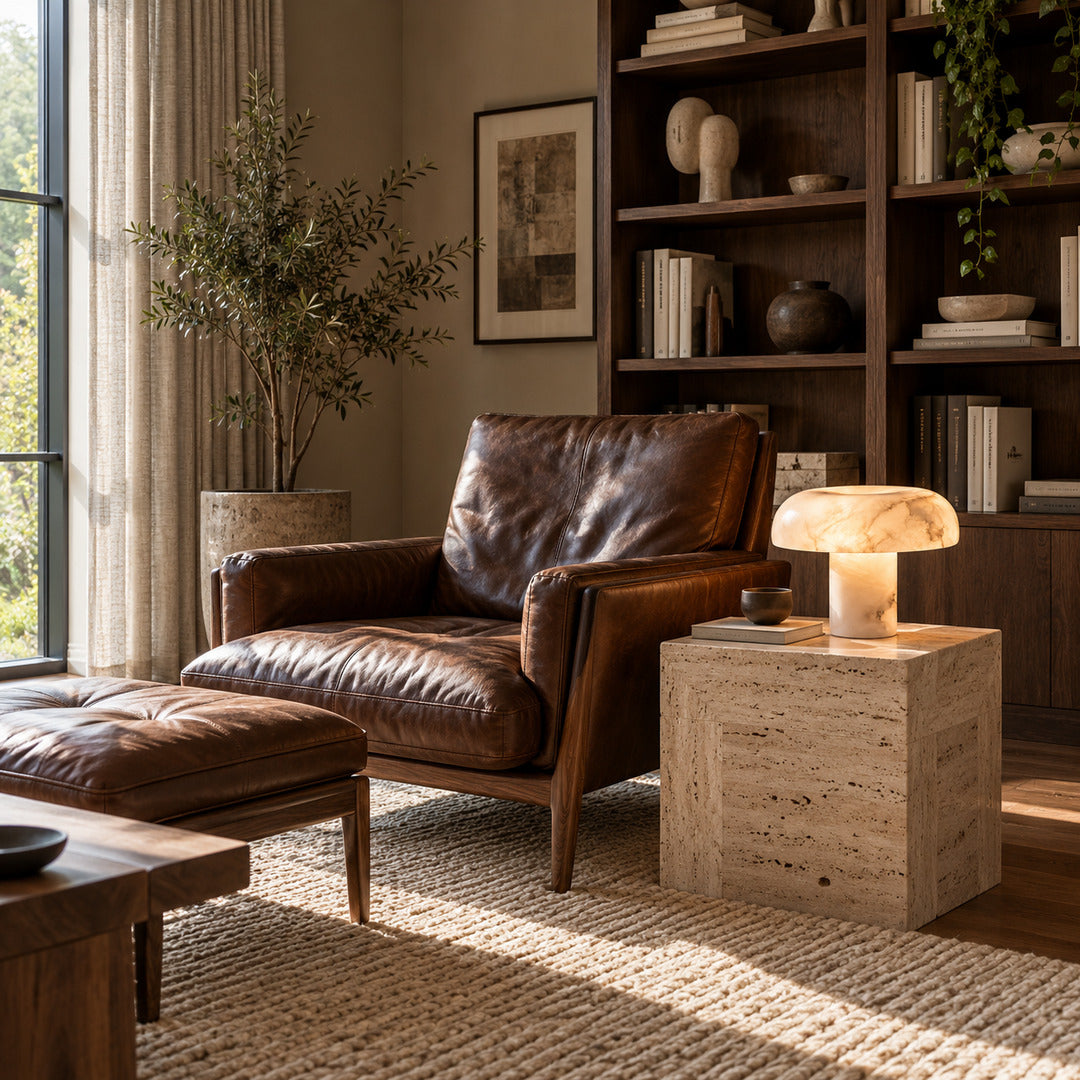 Fungo mushroom table lamp beside a reading chair