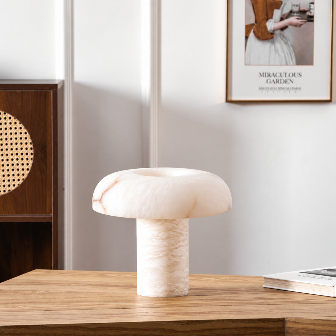 Fungo alabaster mushroom lamp lighting a home office desk