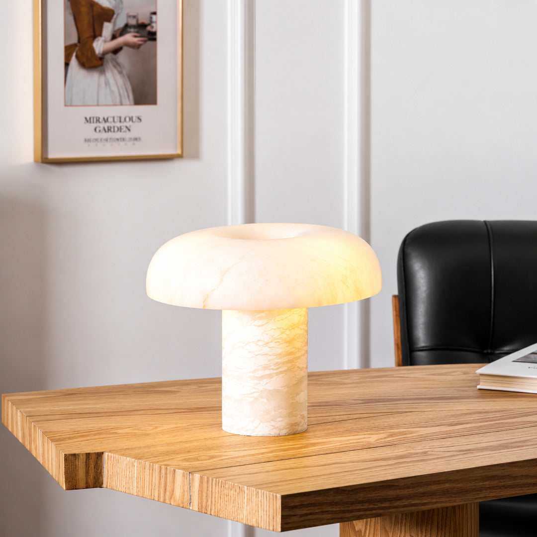 Fungo alabaster mushroom lamp lighting a home office desk
