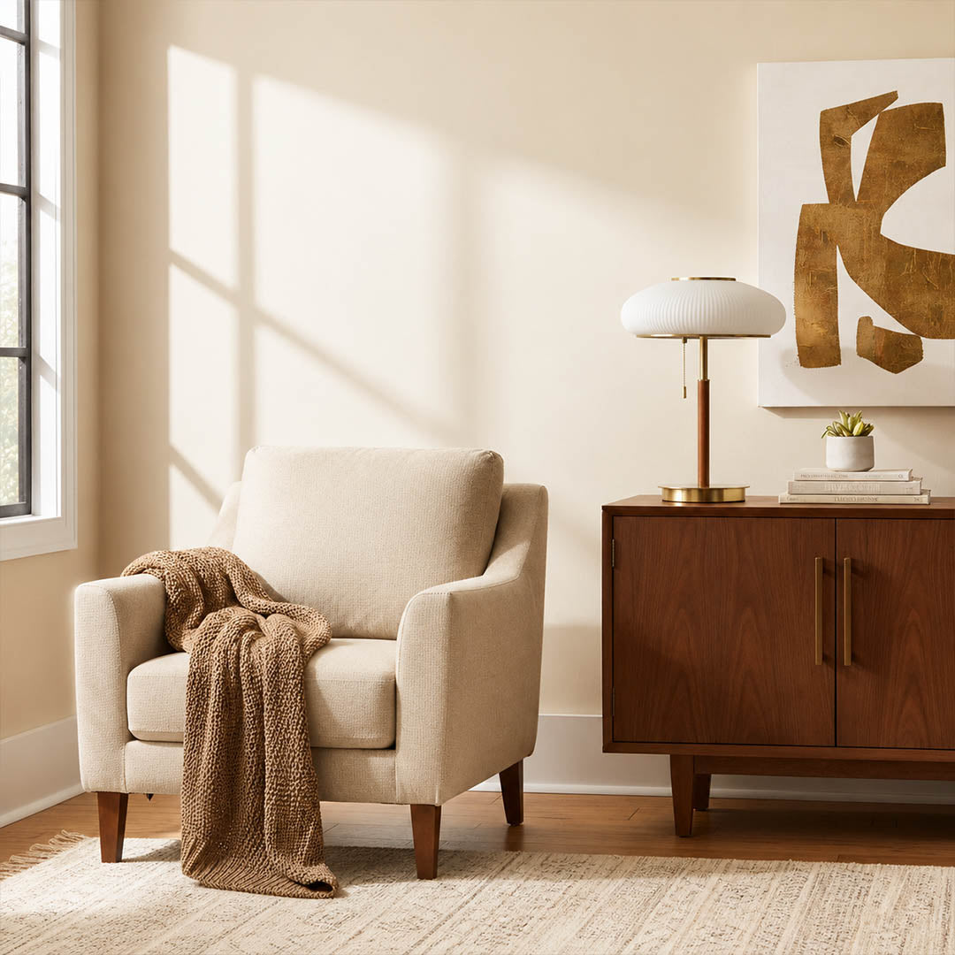 Fungo glass table lamp living room side table sofa warm glow mushroom glass wood cozy American home lifestyle interior styled