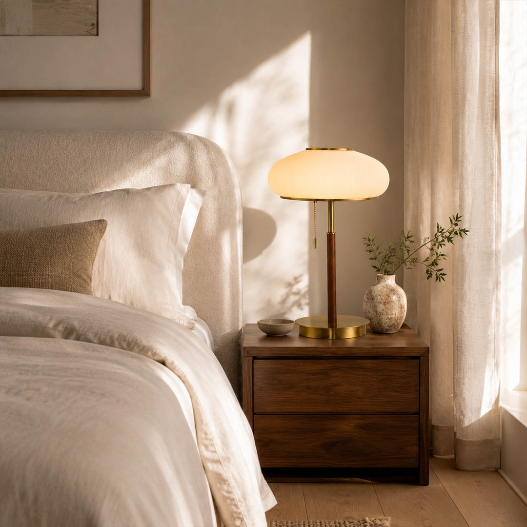 Fungo glass table lamp bedroom nightstand bedside warm glow mushroom glass wood French retro cozy American home lifestyle interior styled