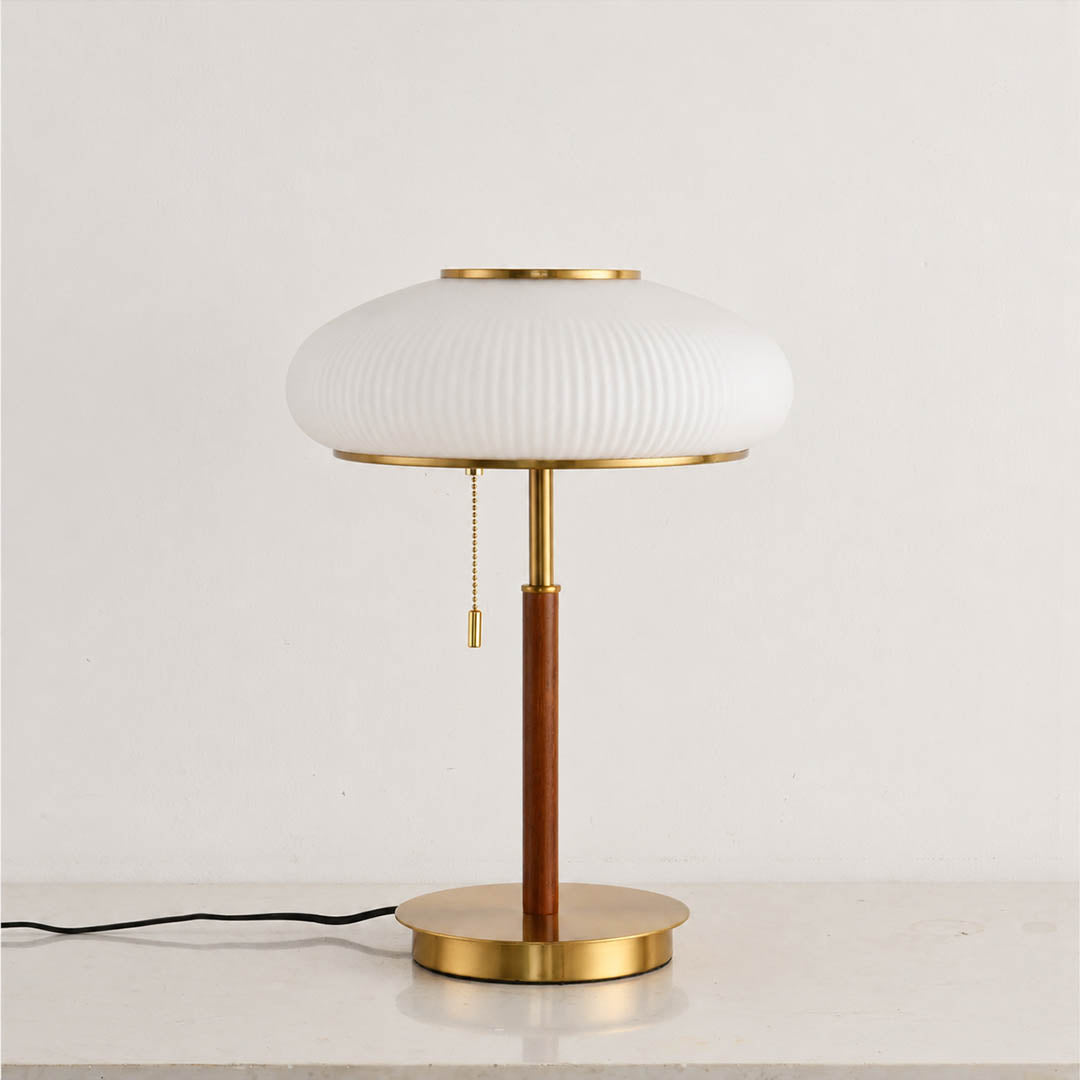 Fungo glass table lamp mushroom shape curved glass shade wood base French retro white background front view
