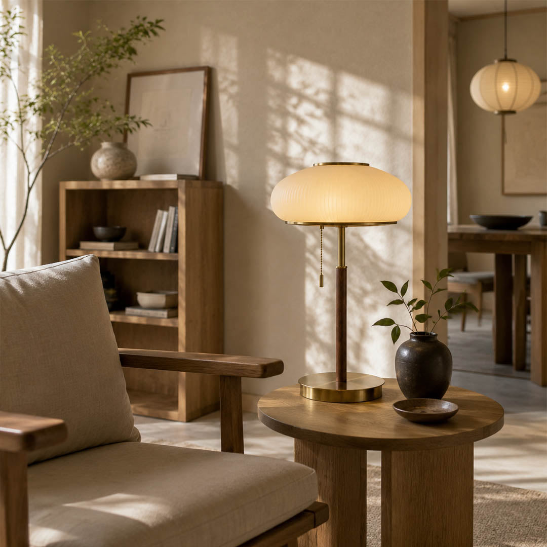 Fungo glass table lamp living room side table sofa warm glow mushroom glass wood cozy American home lifestyle interior styled
