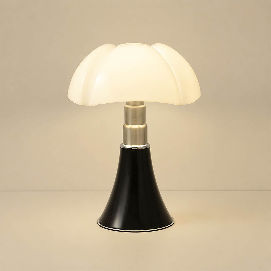 Fungo table lamp large size 19.7 inch 33.9 inch tall black mid century modern mushroom bat wing acrylic shade sculptural statement piece touch dimmer designer icon white background