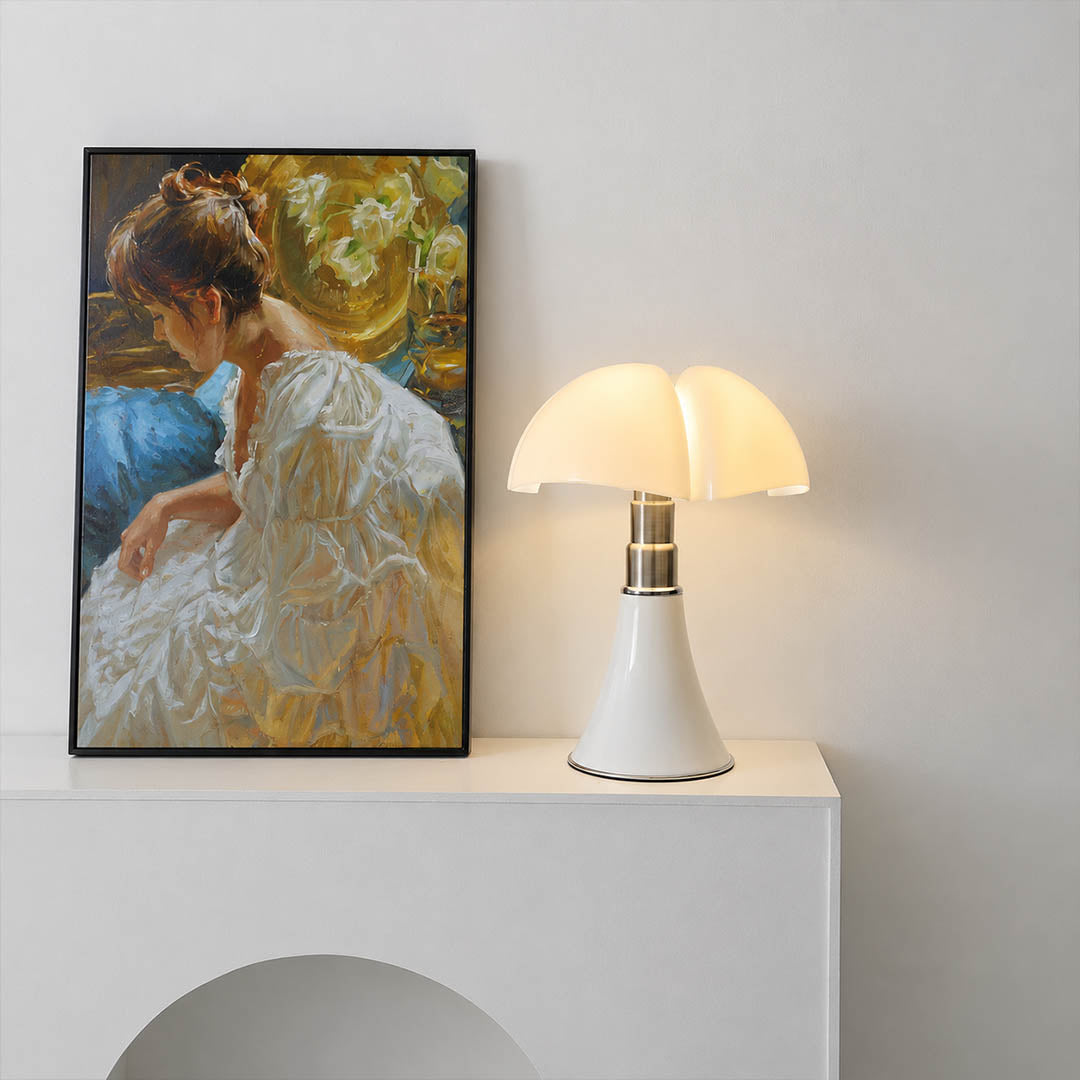 Fungo table lamp large 33.9 inch white modern entryway foyer console table welcome mid century modern mushroom bat wing sculptural designer statement warm ambient elegant lifestyle interior American home