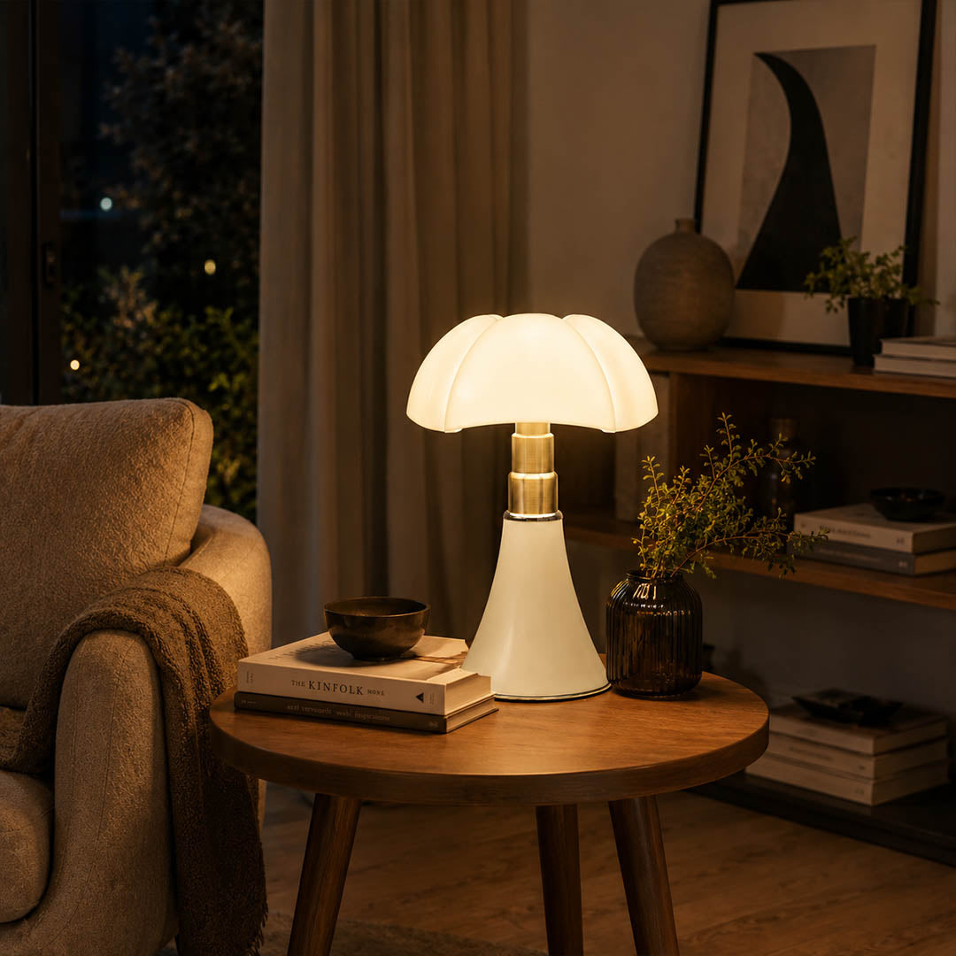 Fungo table lamp large 33.9 inch white modern dining room sideboard buffet console mid century modern mushroom bat wing sculptural designer statement warm ambient entertaining lifestyle interior American home