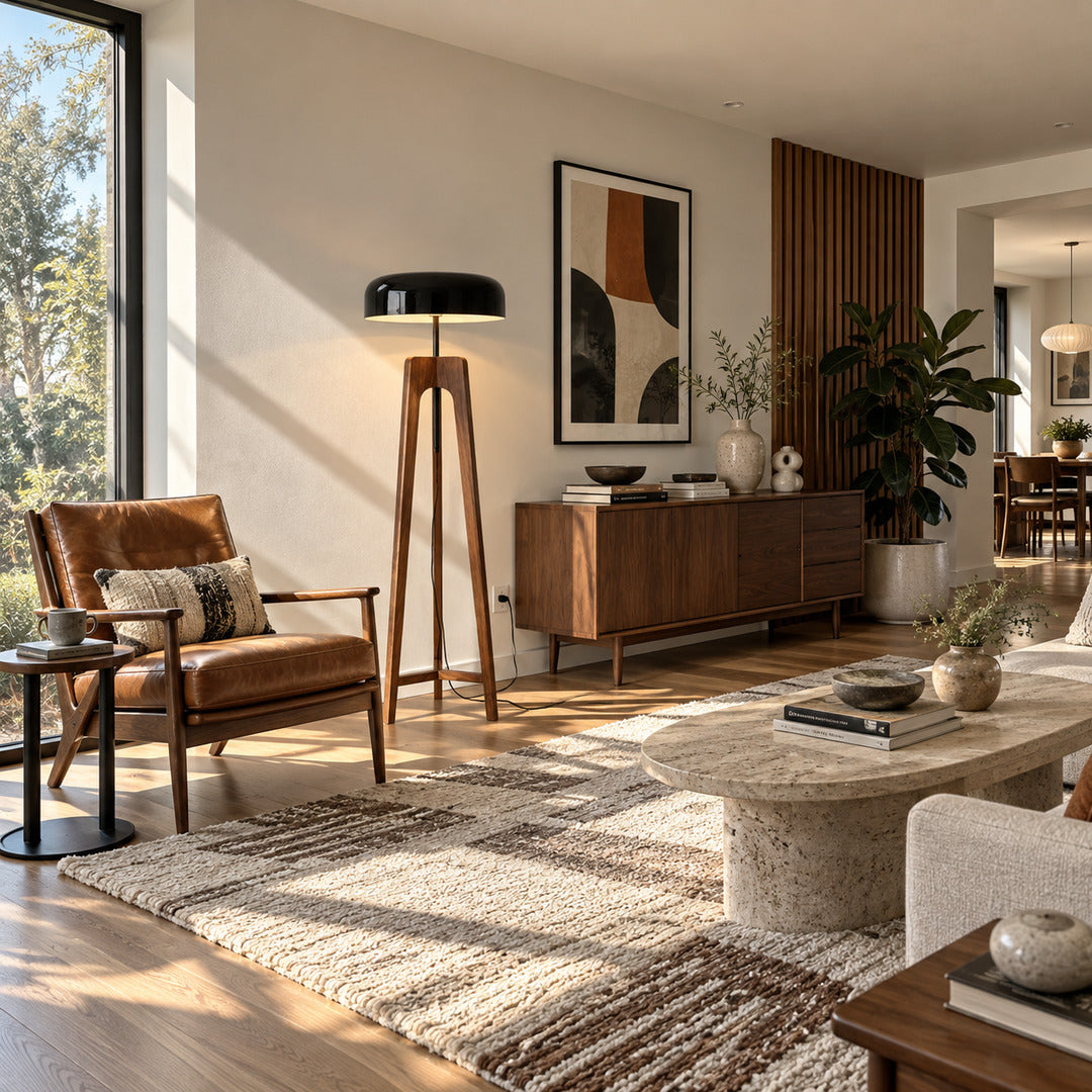 Fungo wood floor lamp casting a soft warm ambient glow over a corner reading chair