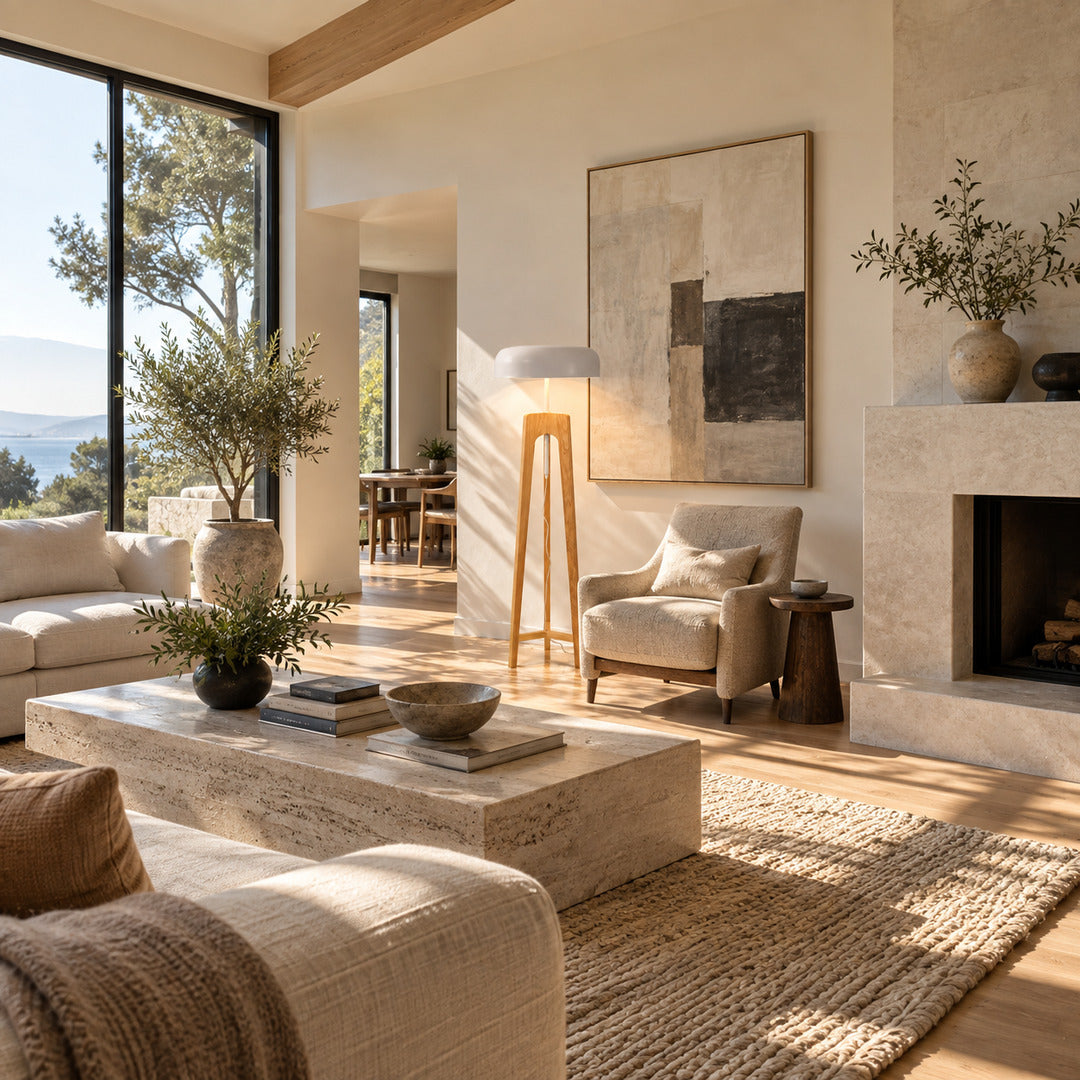 Fungo wood tripod floor lamp filling a living room corner with a soft warm glow