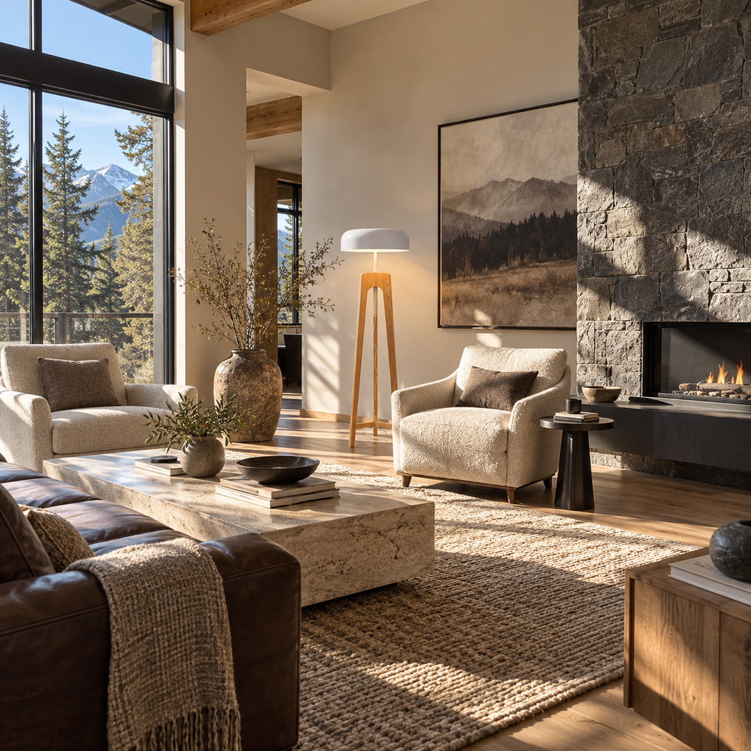 Fungo wood tripod floor lamp filling a living room corner with a soft warm glow