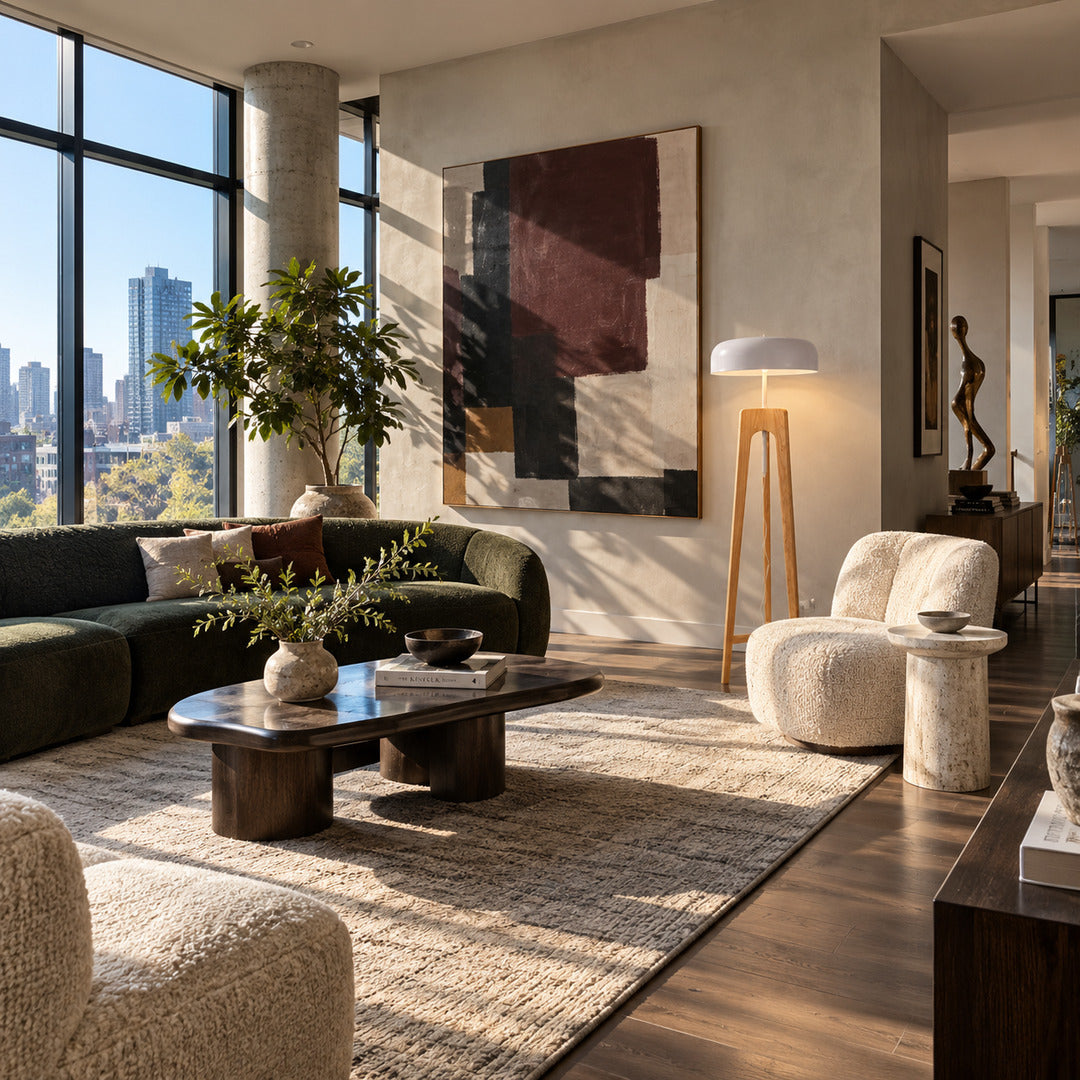 Fungo wood floor lamp standing beside a sofa as a warm sculptural accent in a living room