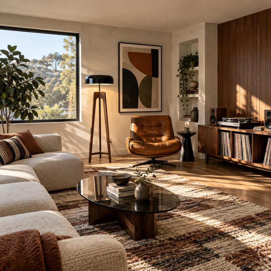 Fungo wood floor lamp standing beside a sofa as a warm sculptural accent in a living room