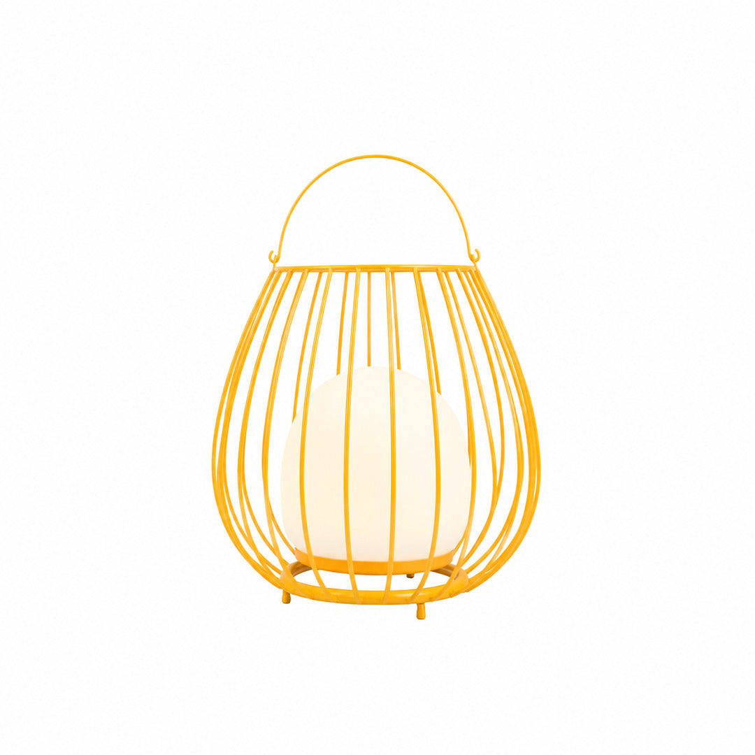 Yellow Gabbia rechargeable lantern bringing a cheerful summer glow to a porch