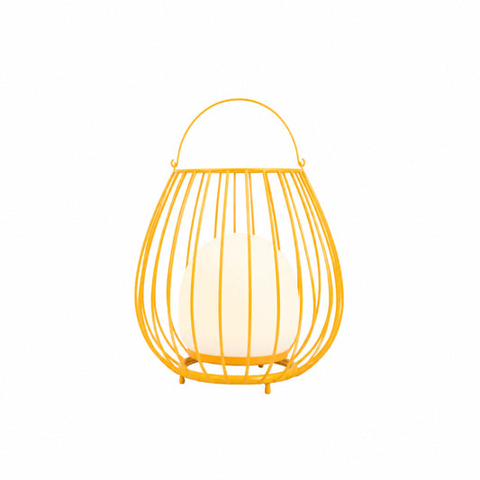 Yellow Gabbia rechargeable lantern bringing a cheerful summer glow to a porch