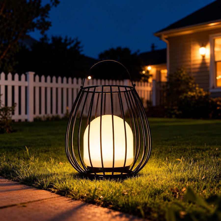 Gabbia rechargeable lantern hanging from a garden hook with a soft warm glow