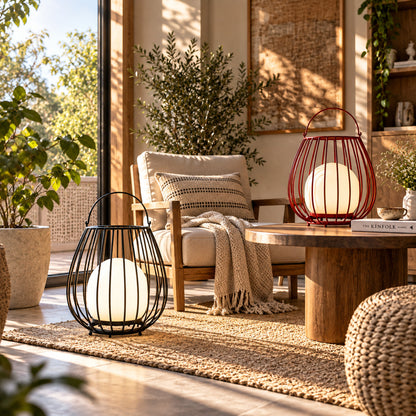 Gabbia rechargeable lantern adding a warm bohemian accent to an eclectic patio