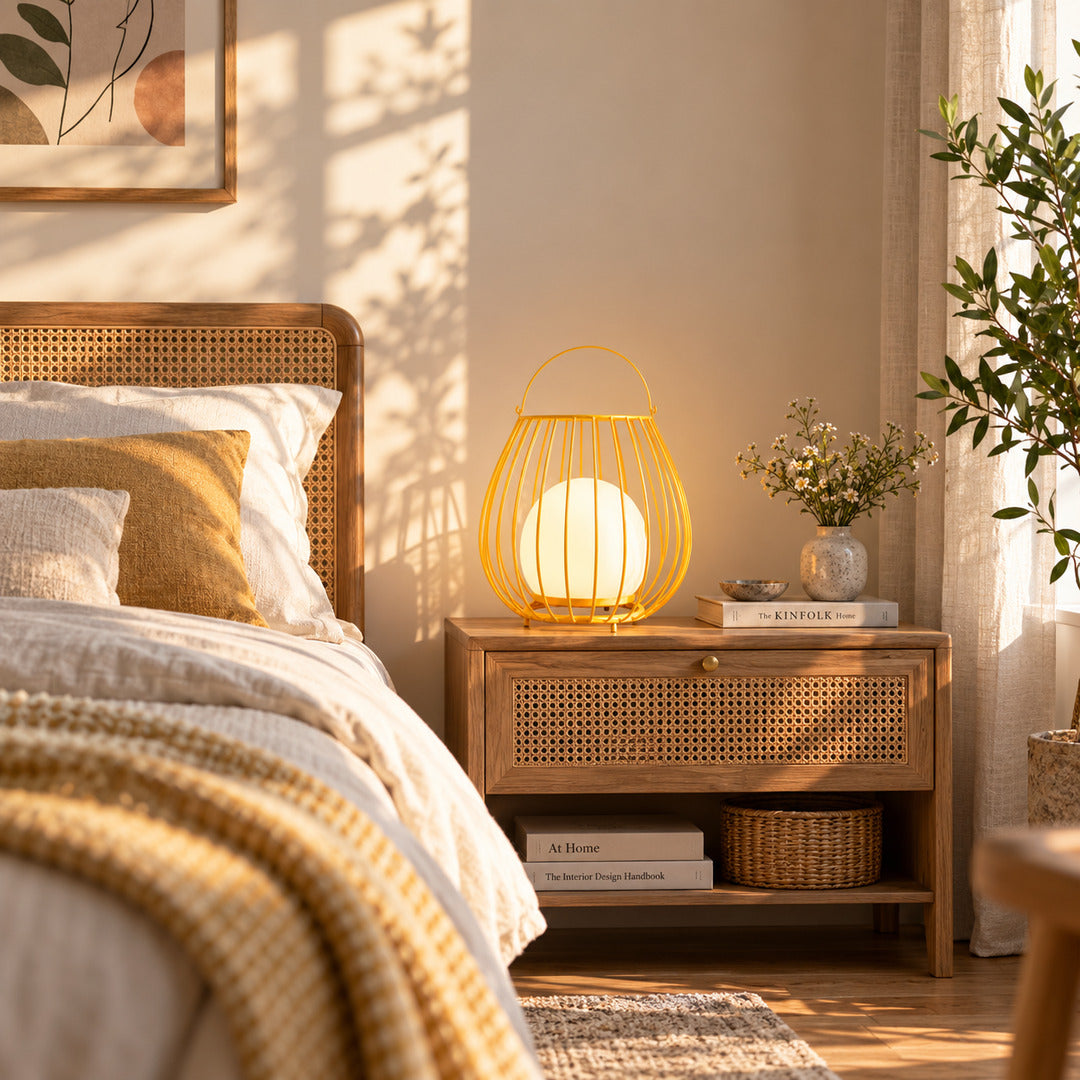 Gabbia rechargeable lantern on a nightstand as a cordless warm bedside light