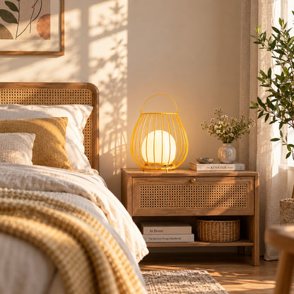 Gabbia rechargeable lantern on a nightstand as a cordless warm bedside light