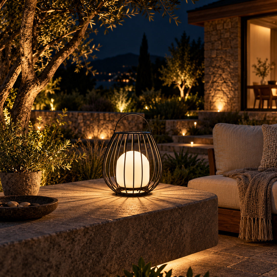 Gabbia rechargeable lanterns setting a warm mood on a cafe outdoor seating area