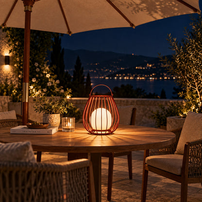 Several Gabbia rechargeable lanterns lining an outdoor dining table for an evening gathering