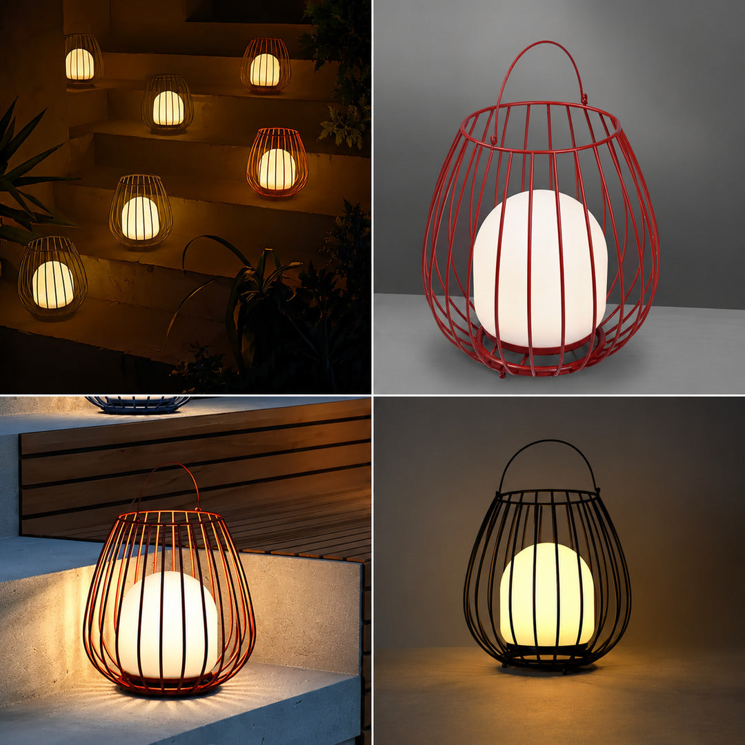 Black blue red and yellow color options of the Gabbia rechargeable lantern shown side by side