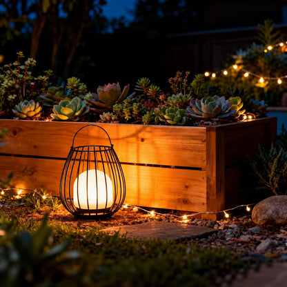 Gabbia rechargeable lantern hanging from a garden hook with a soft warm glow