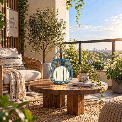 Gabbia rechargeable lantern glowing warmly on a patio dining table at dusk