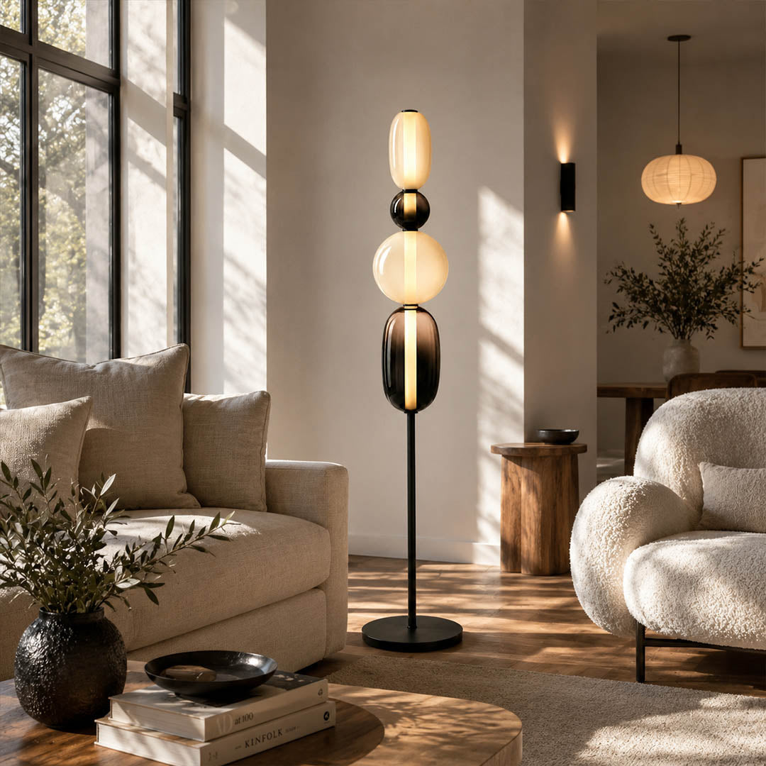 Gemma stacked glass floor lamp Model A red modern living room beside sofa hand-blown art glass sculptural warm glow American home lifestyle interior